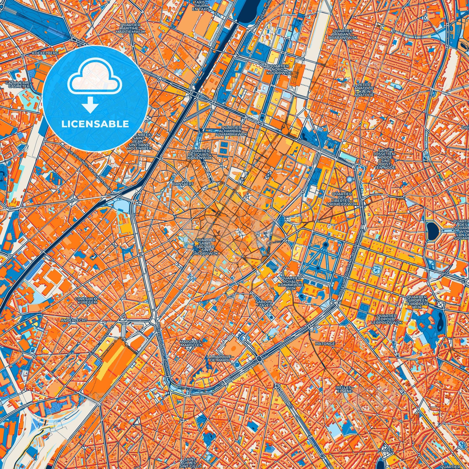 Colorful Brussels Street Map with Labels and Buildings