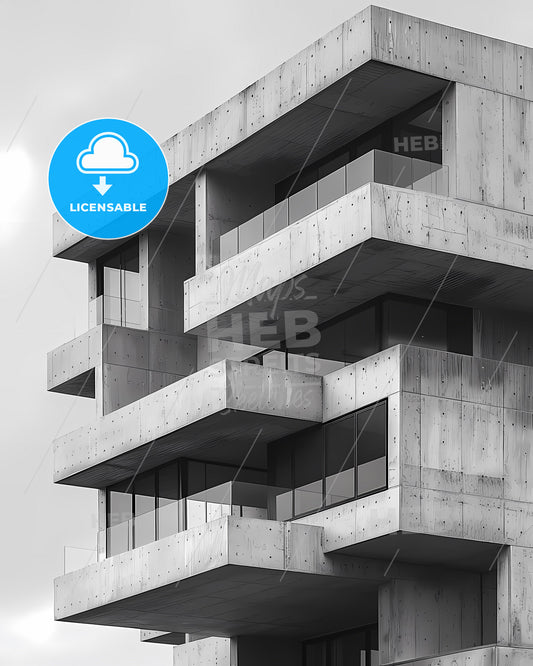 Iconic black and white architectural painting of a high luxury house with multiple balconies under a clear sky