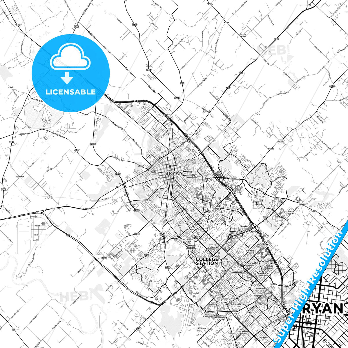 Bryan, Texas light map with streetnames, citynames and districts
