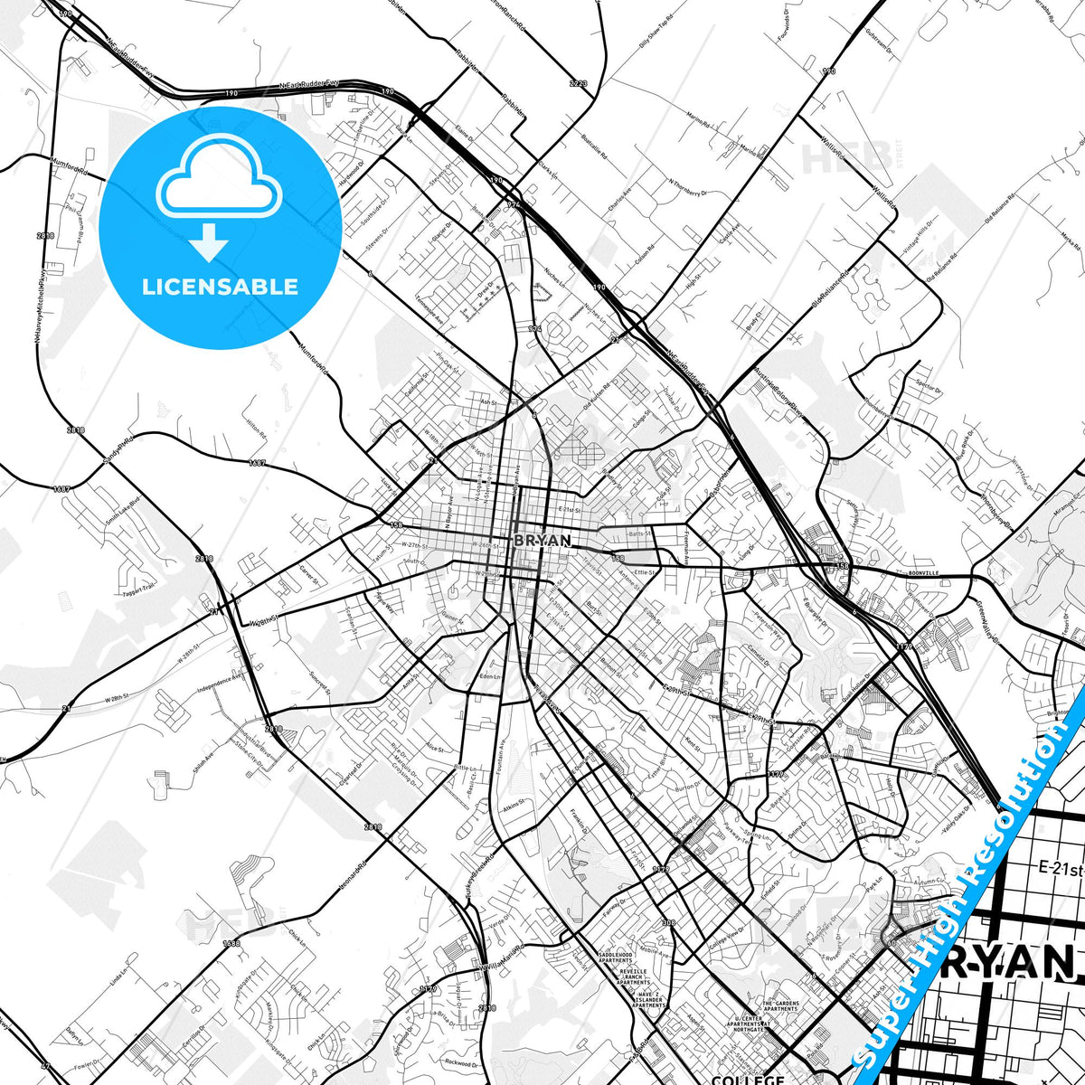 Bryan, Texas Light Map with Street Names, City Names, and Districts