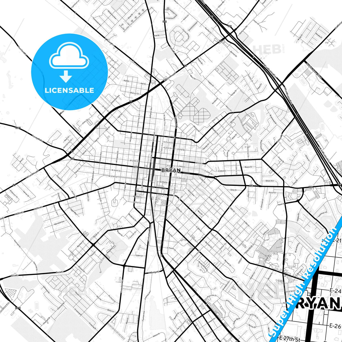 Bryan, Texas Light Map with Street Names, City Names, and Districts