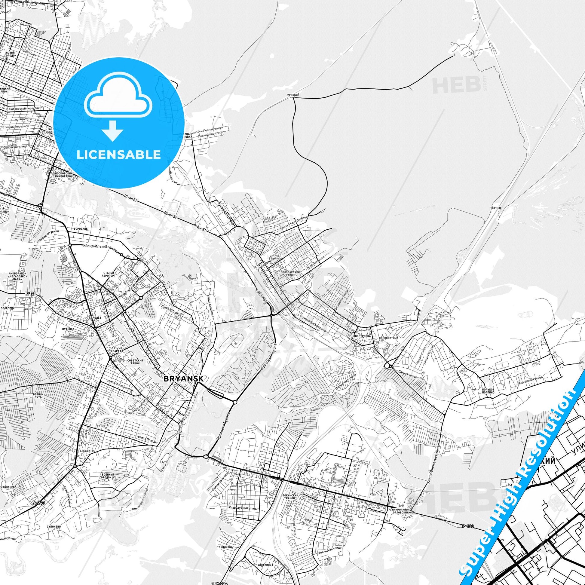 Bryansk, Russia light map with streetnames, citynames and districts