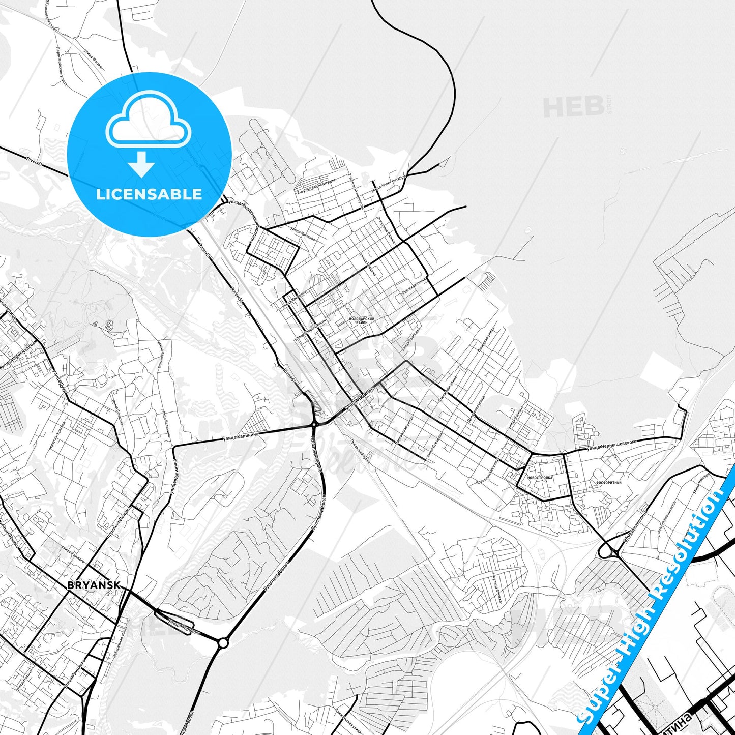 Bryansk, Russia Light Map with Street Names, City Names, and Districts