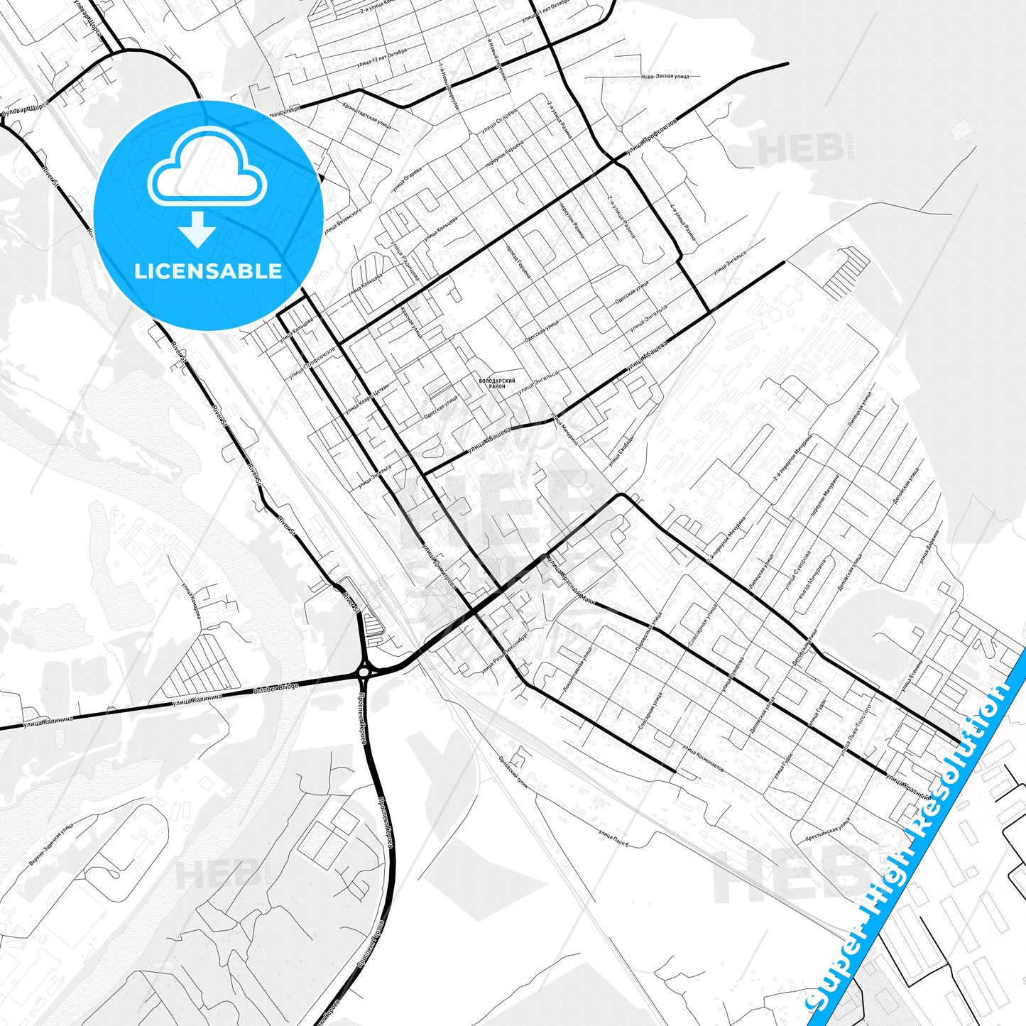 Bryansk, Russia Light Map with Street Names, City Names, and Districts