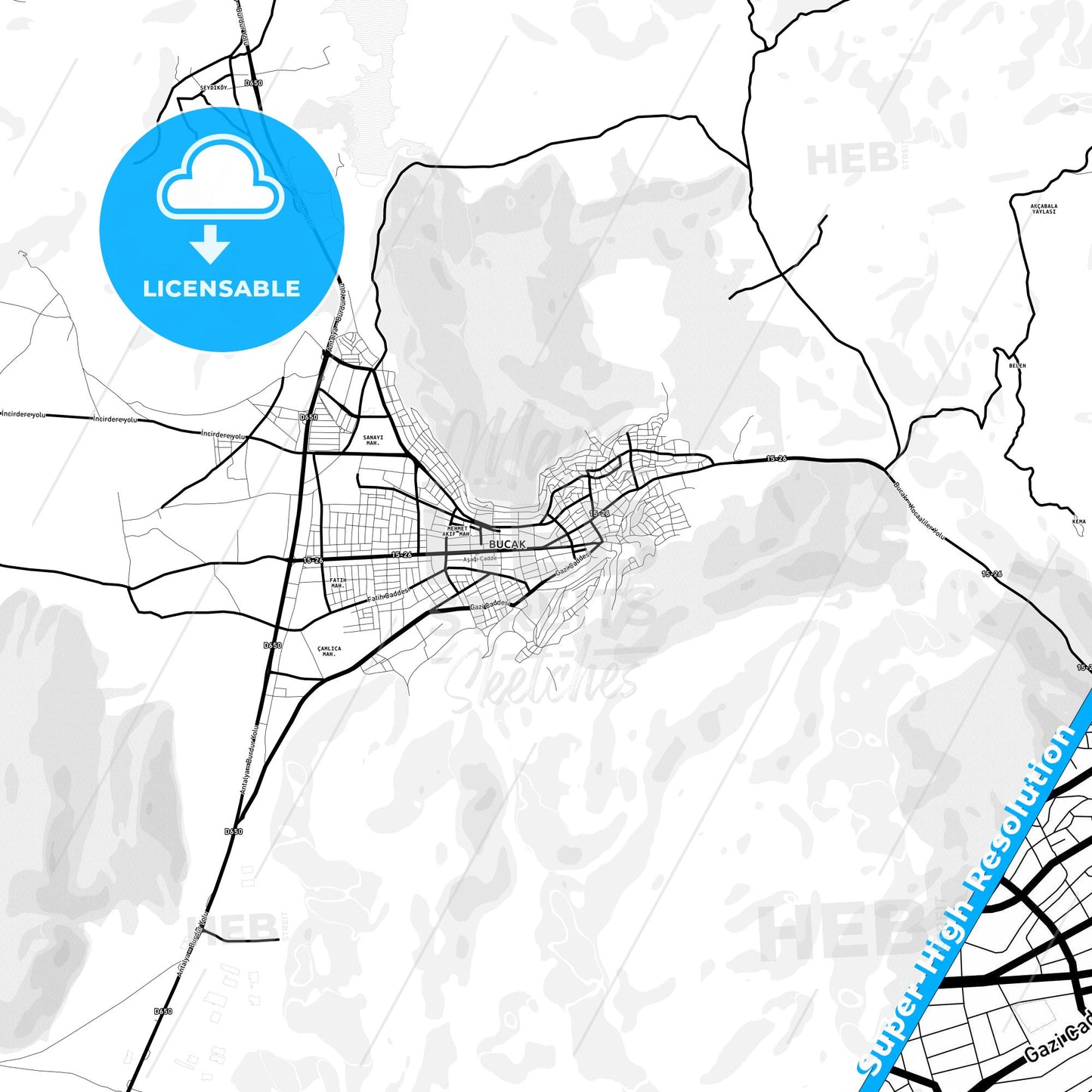 Bucak, Turkey Light Map with Street Names, City Names, and Districts