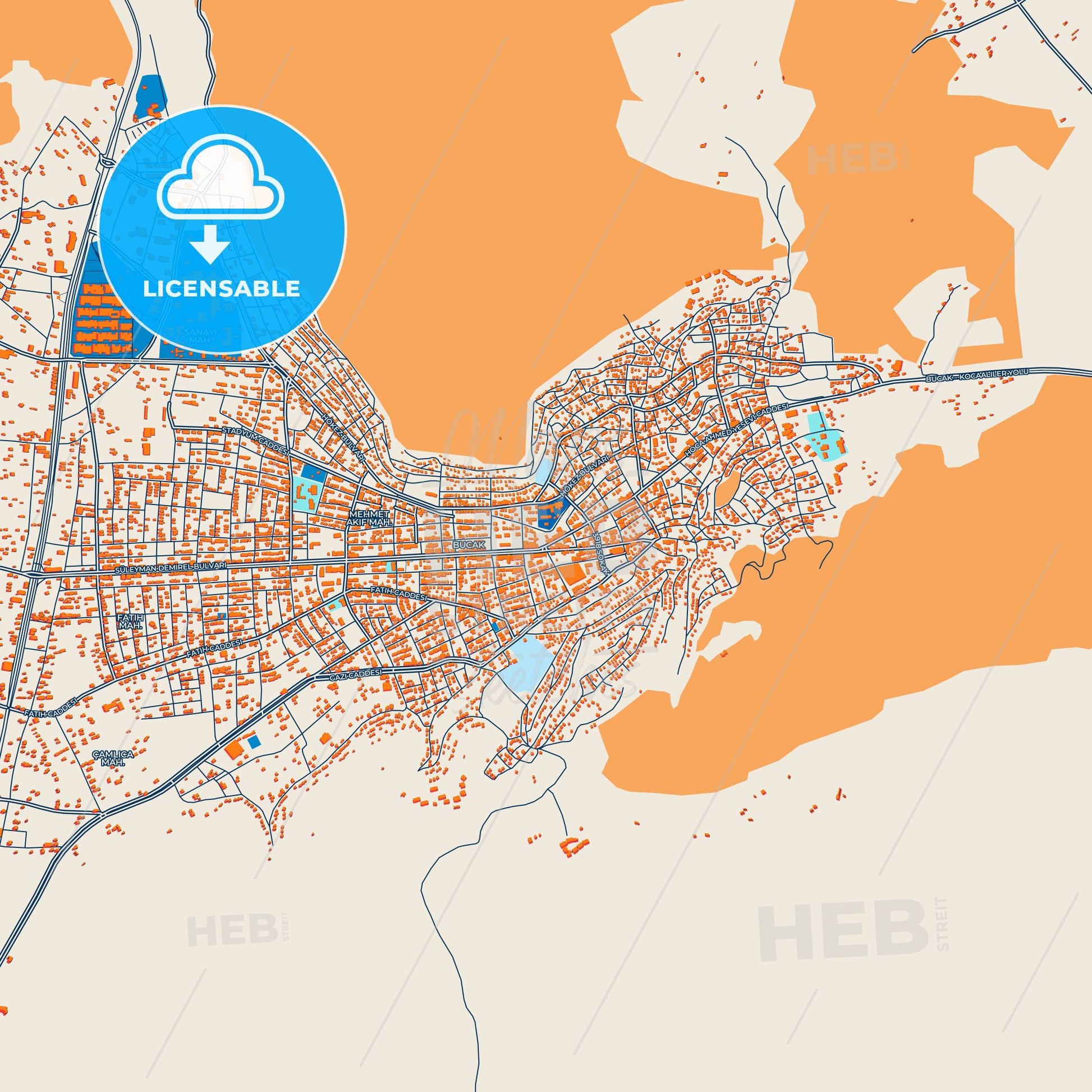 Colorful Bucak Street Map with Labels and Buildings