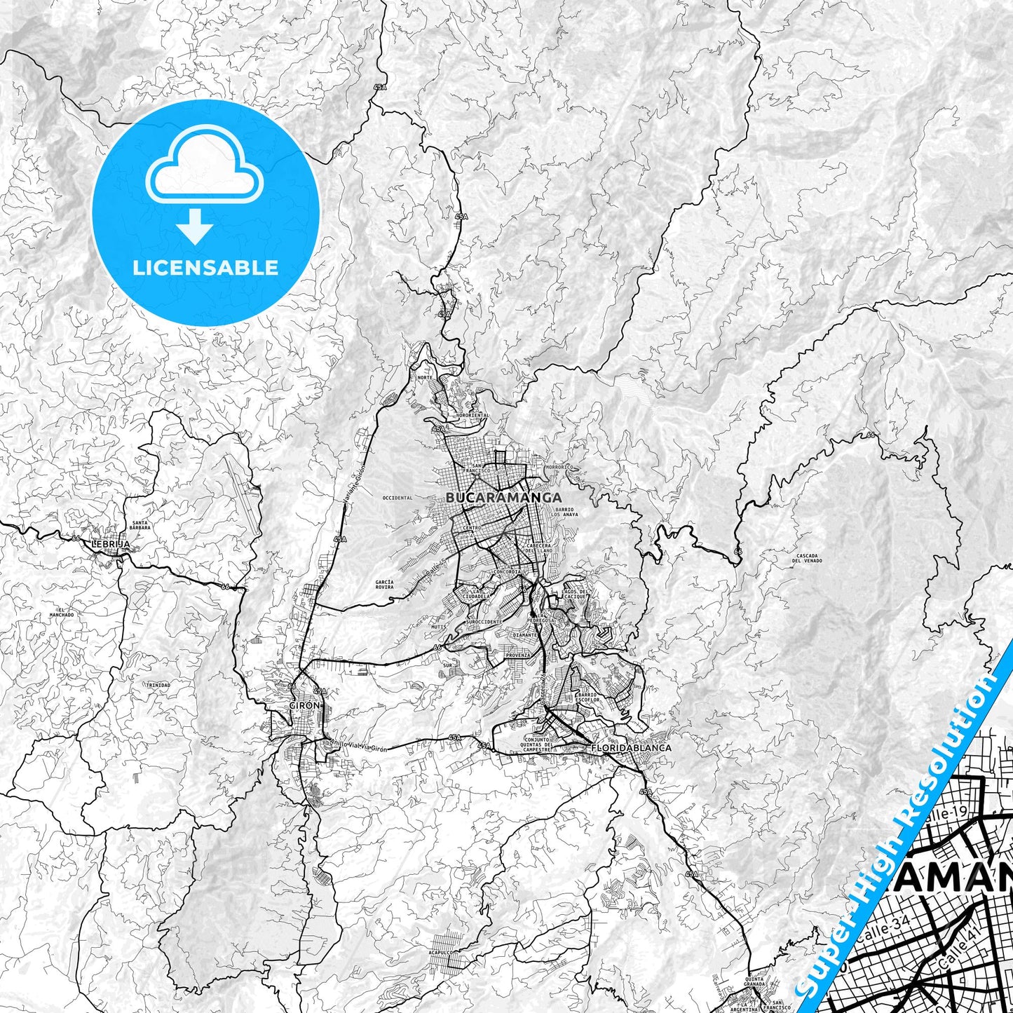 Bucaramanga, Colombia light map with streetnames, citynames and districts