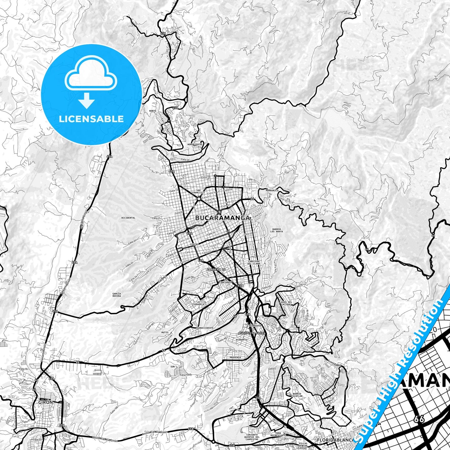 Bucaramanga, Colombia Light Map with Street Names, City Names, and Districts