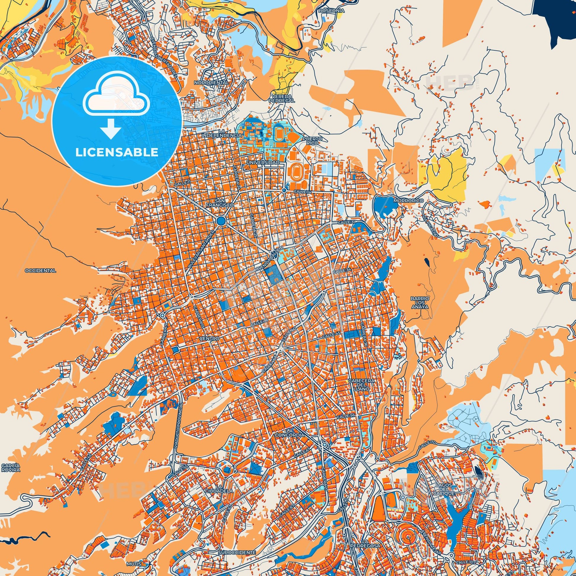 Colorful Bucaramanga Street Map with Labels and Buildings