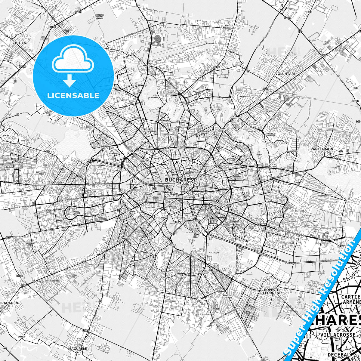 Bucharest, Romania light map with streetnames, citynames and districts