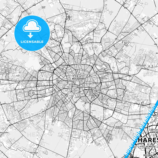Bucharest, Romania light map with streetnames, citynames and districts