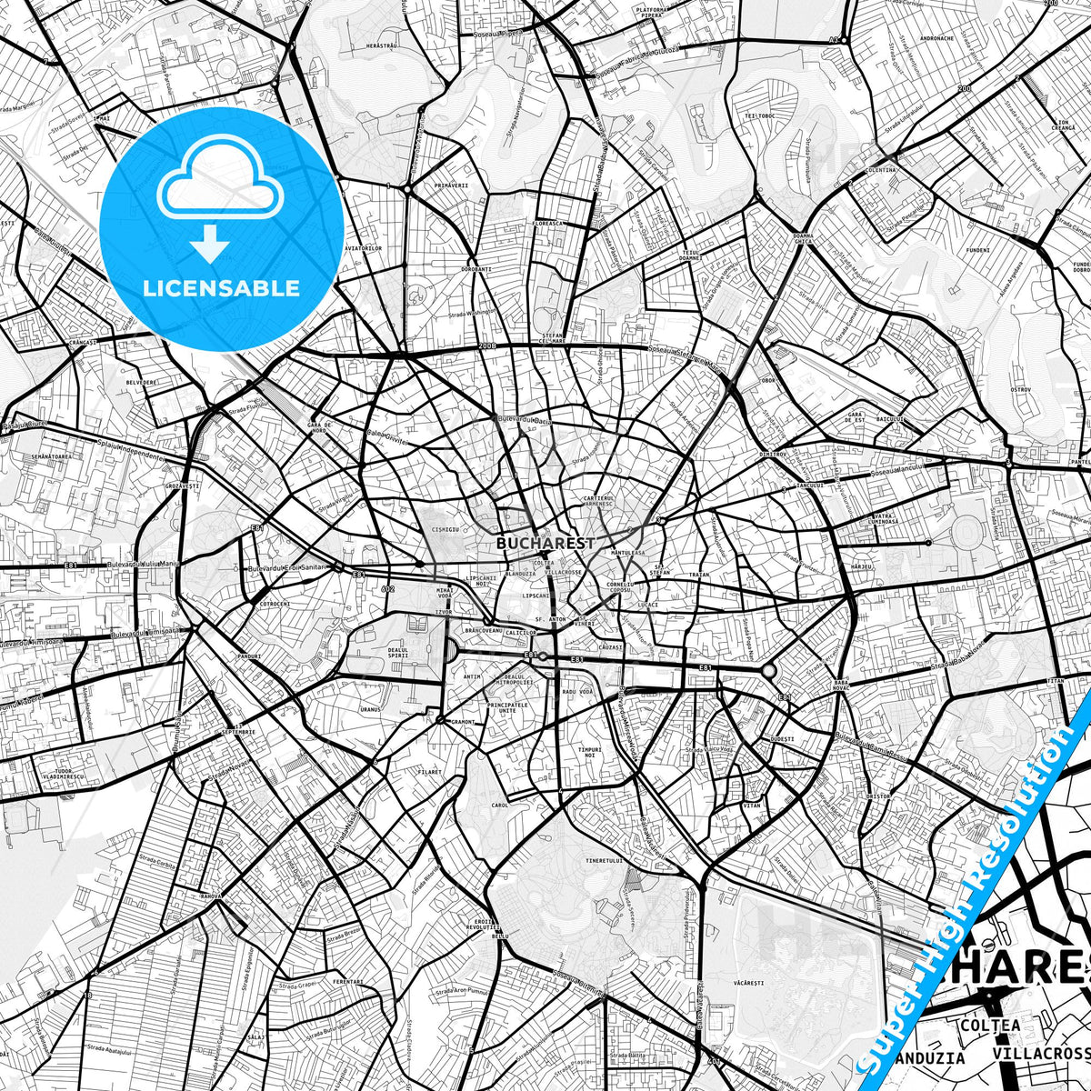 Bucharest, Romania Light Map with Street Names, City Names, and Districts