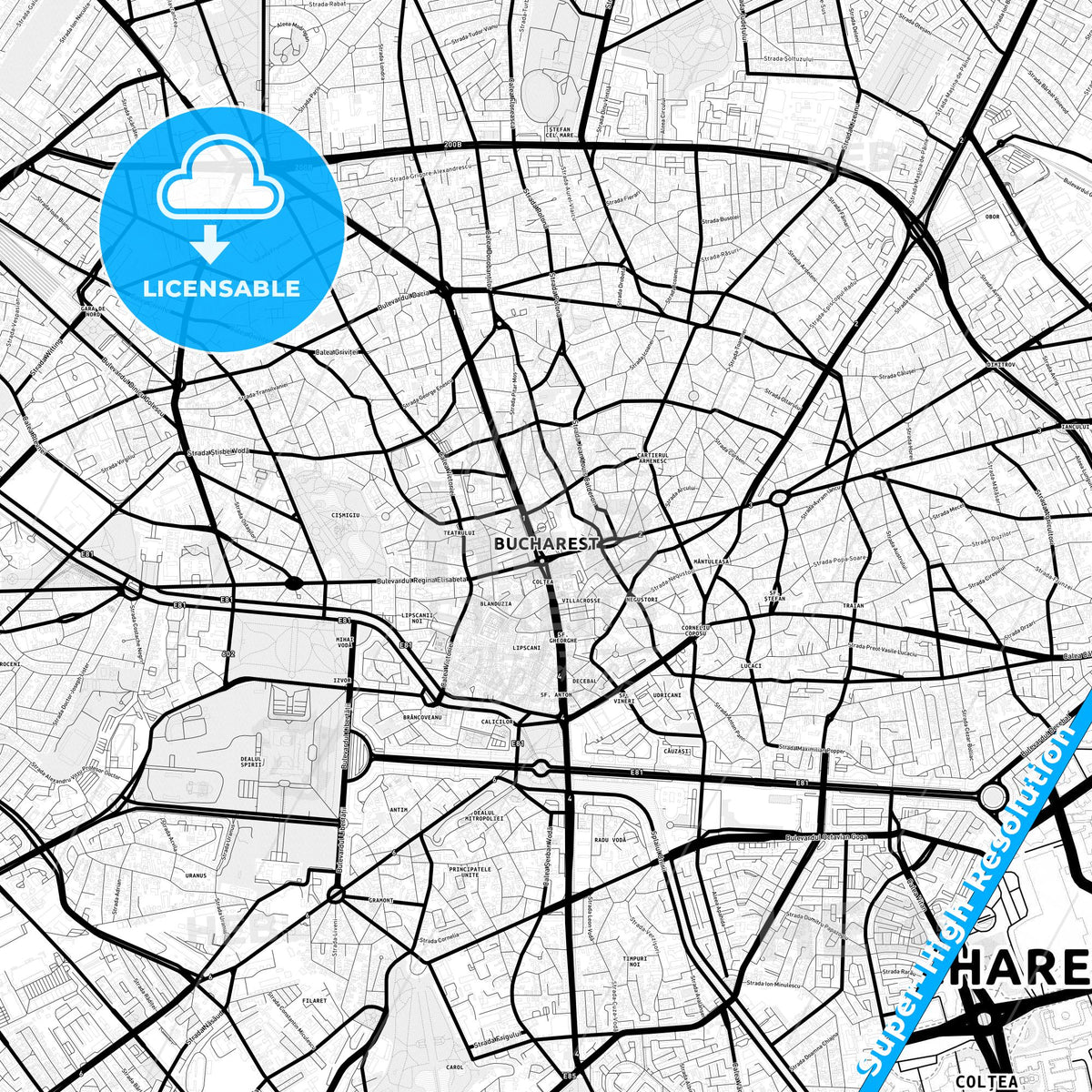 Bucharest, Romania Light Map with Street Names, City Names, and Districts
