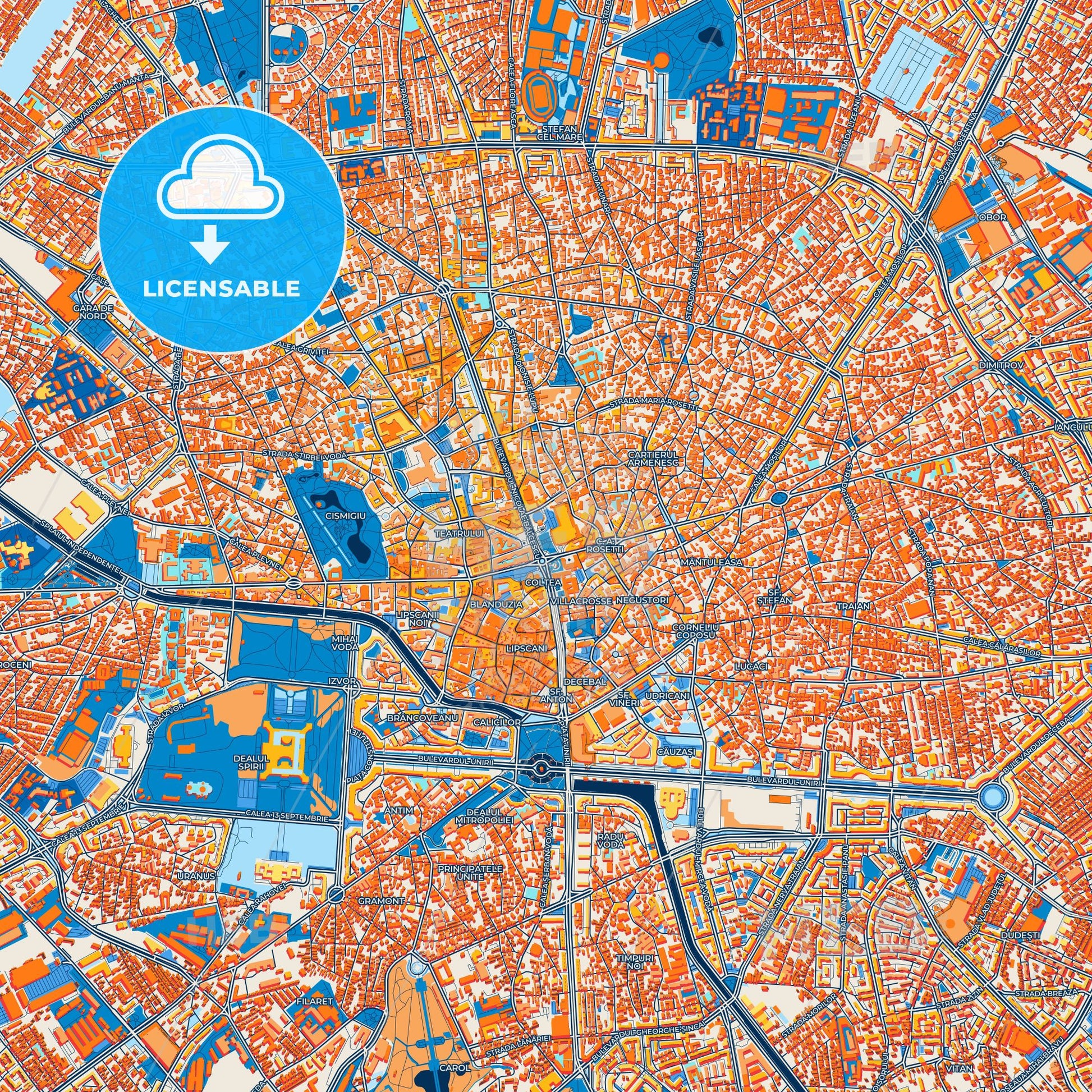 Colorful Bucharest Street Map with Labels and Buildings