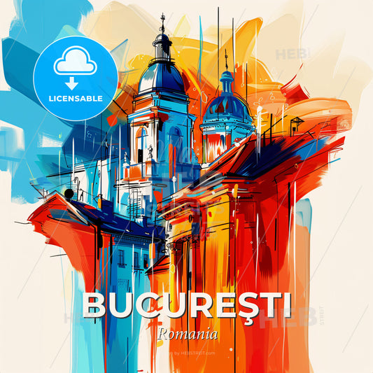 Vibrant Bucureşti, Romania - A Painting Of A Building With A Colorful Background - Square format print template