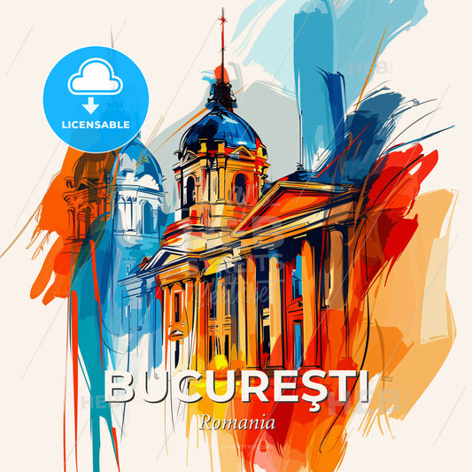 Vibrant Bucureşti, Romania - A Painting Of A Building - Square format print template