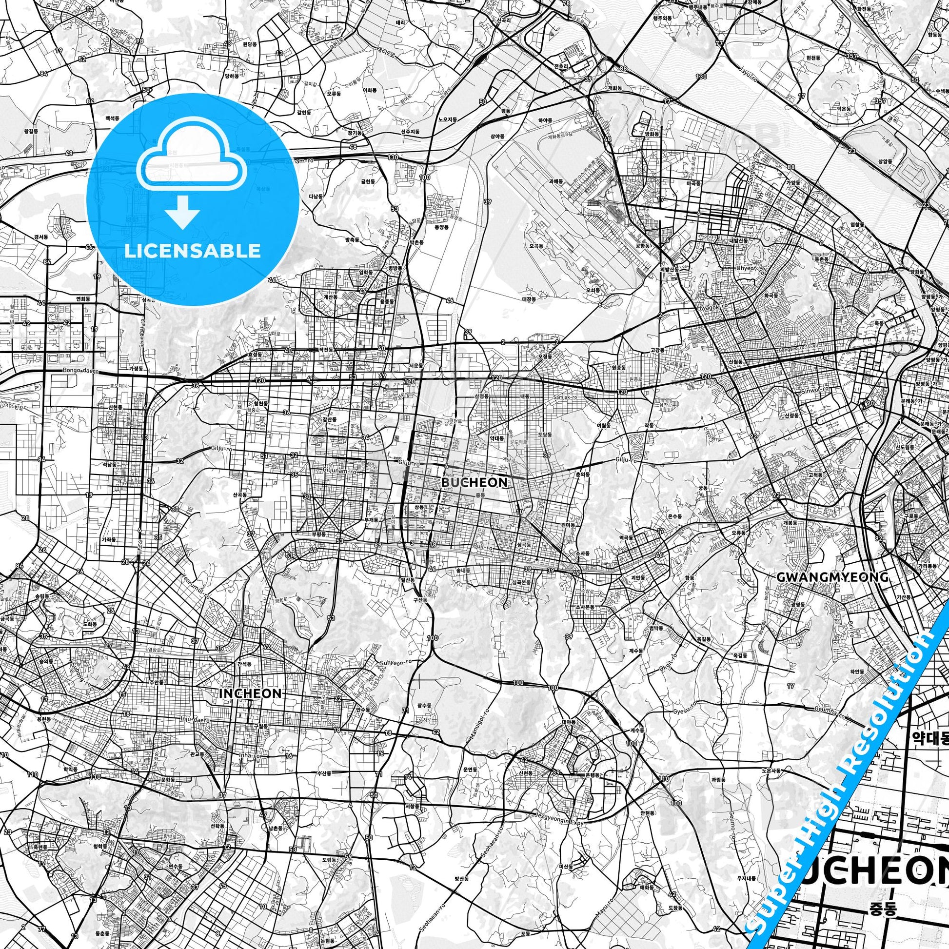 Bucheon, South Korea light map with streetnames, citynames and districts