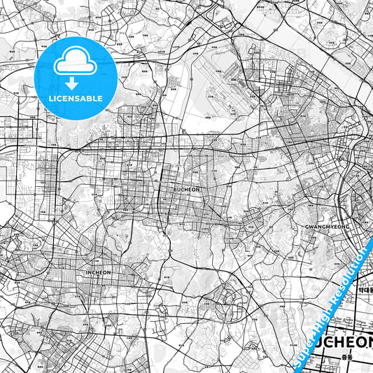 Bucheon, South Korea light map with streetnames, citynames and districts