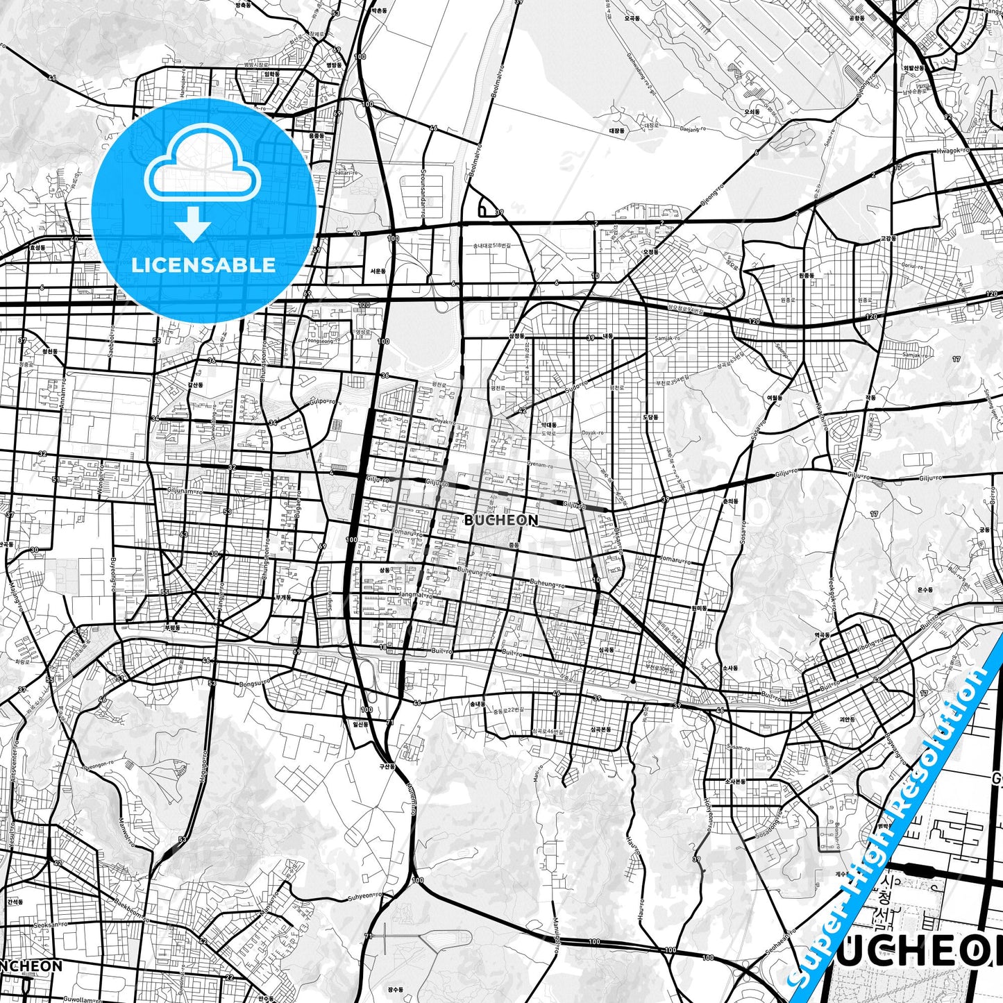 Bucheon, South Korea Light Map with Street Names, City Names, and Districts
