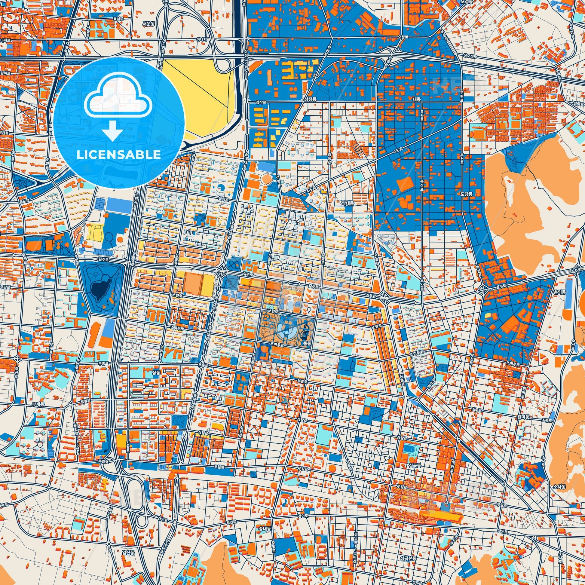 Colorful Bucheon Street Map with Labels and Buildings