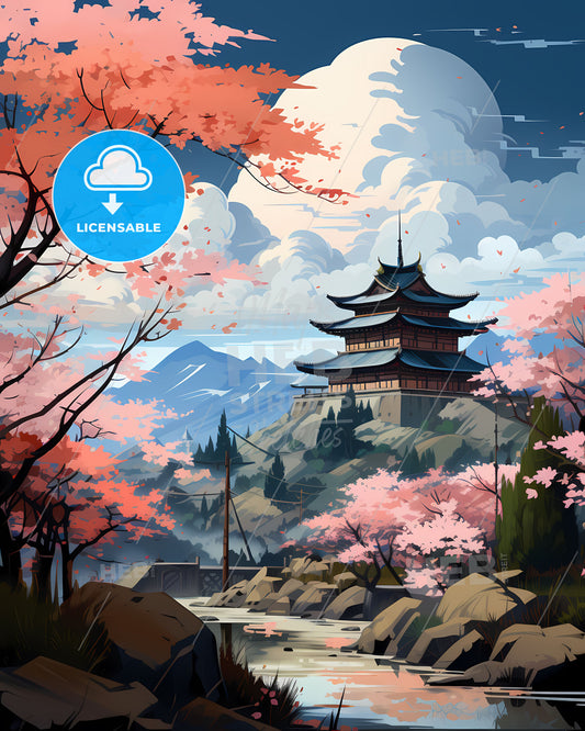 Vibrant Korean Skyline Painting: Pastel Pagoda, Flowering Trees, River