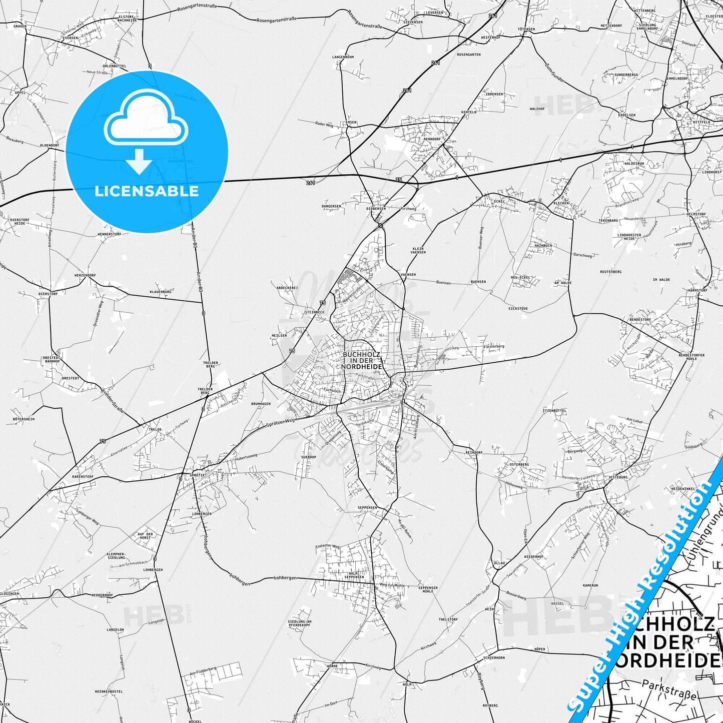 Buchholz in der Nordheide, Germany light map with streetnames, citynames and districts