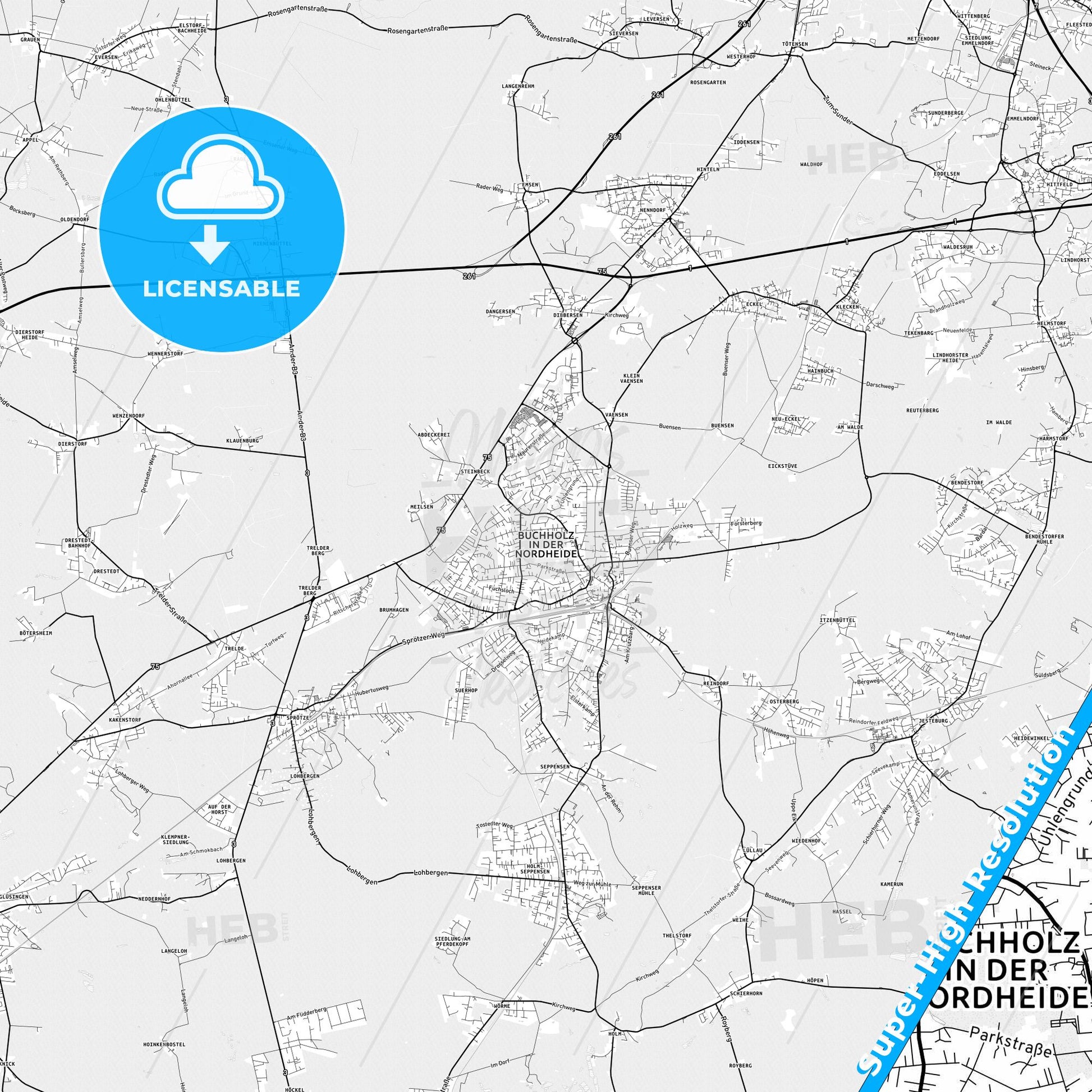 Buchholz in der Nordheide, Germany light map with streetnames, citynames and districts