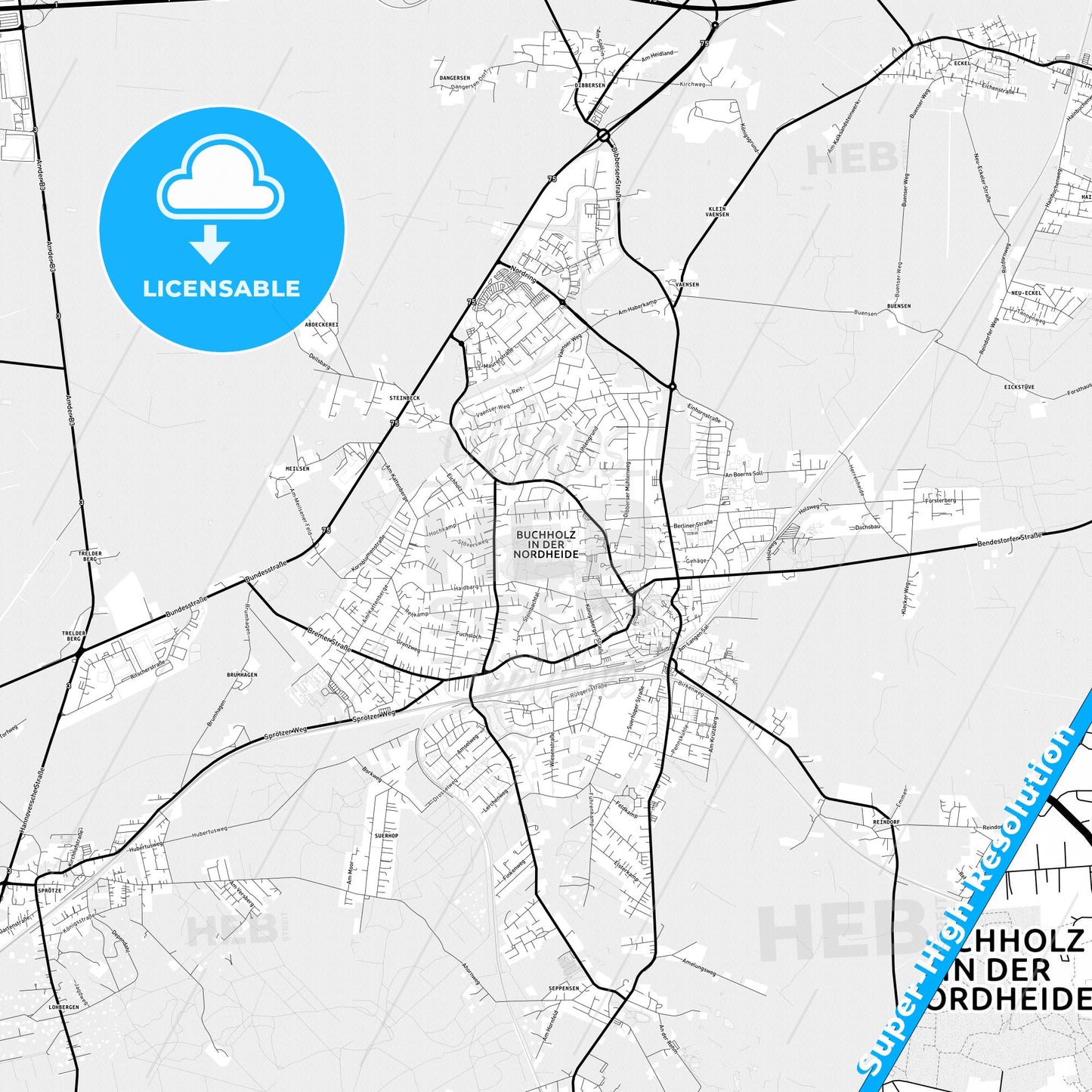 Buchholz in der Nordheide, Germany Light Map with Street Names, City Names, and Districts