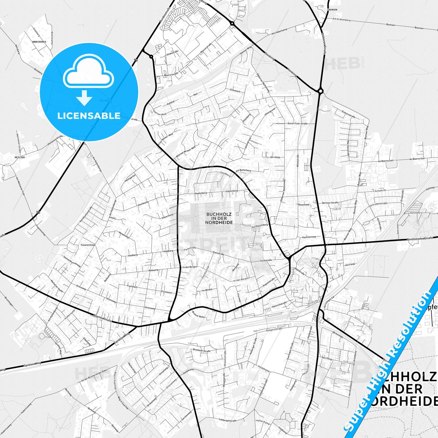 Buchholz in der Nordheide, Germany Light Map with Street Names, City Names, and Districts
