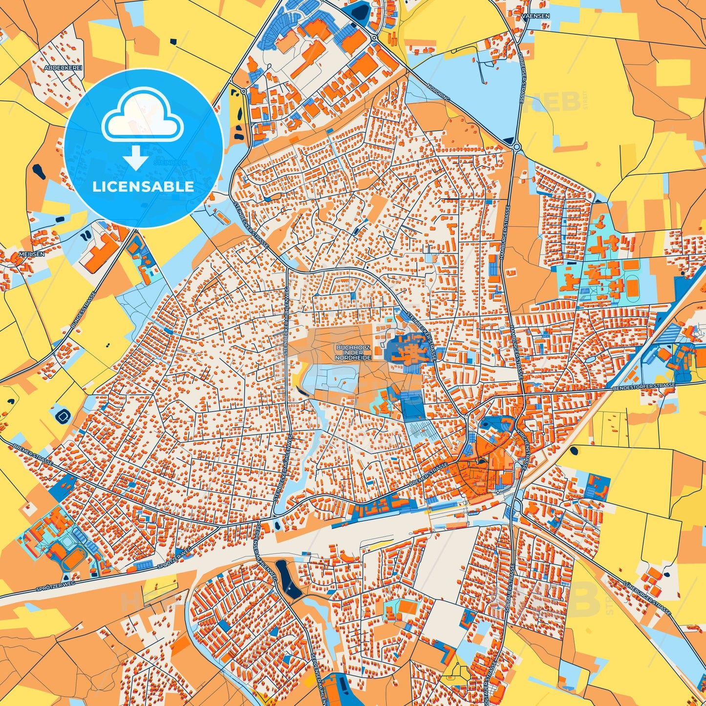 Colorful Buchholz in der Nordheide Street Map with Labels and Buildings
