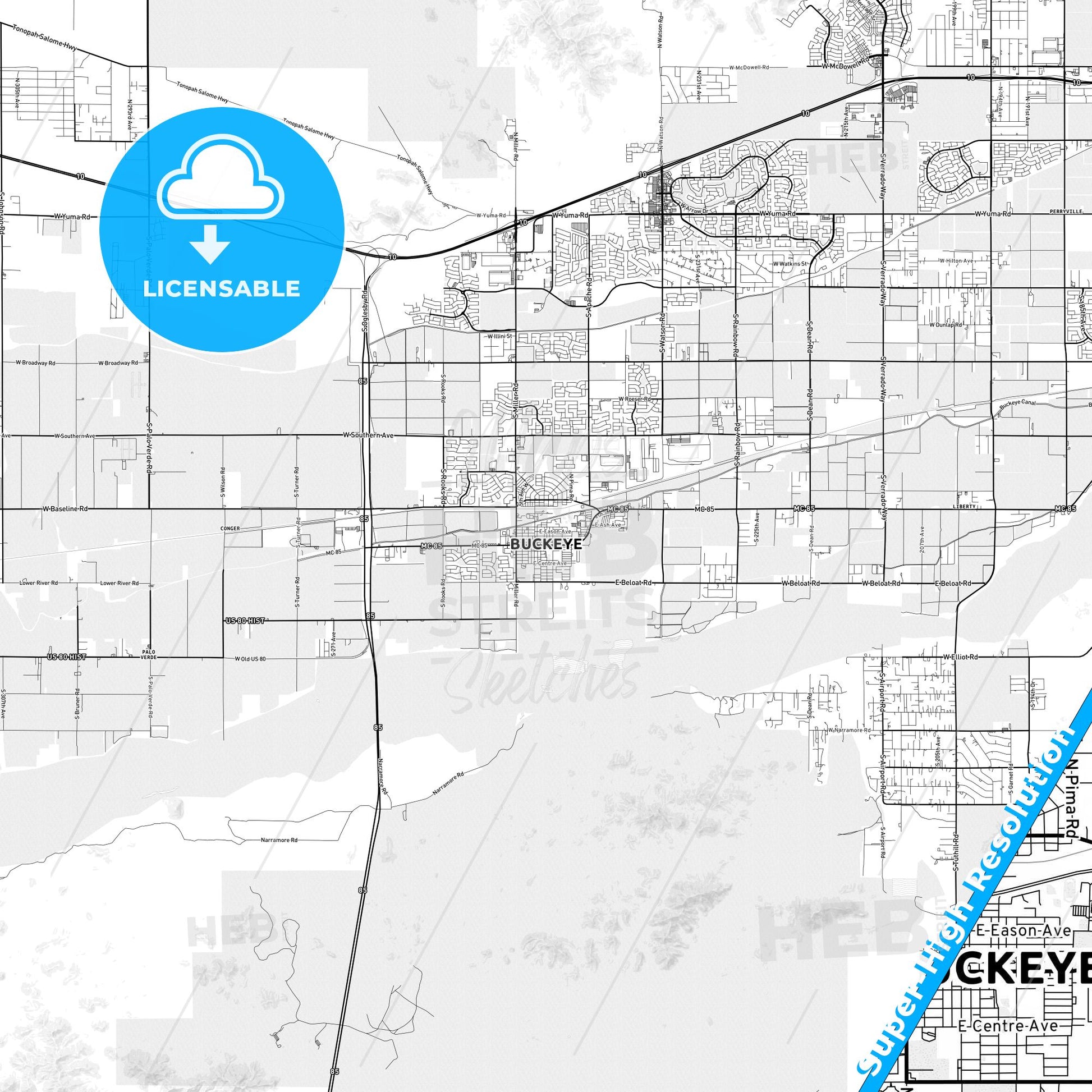 Buckeye, Arizona light map with streetnames, citynames and districts