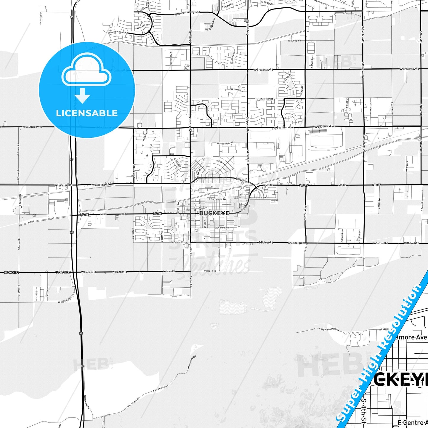 Buckeye, Arizona Light Map with Street Names, City Names, and Districts