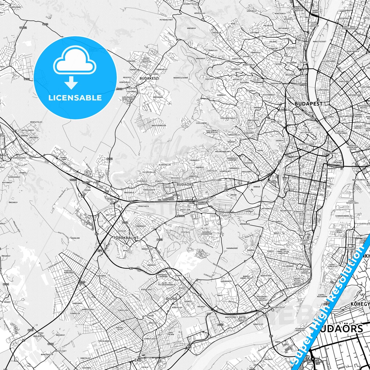 Budaörs, Hungary light map with streetnames, citynames and districts