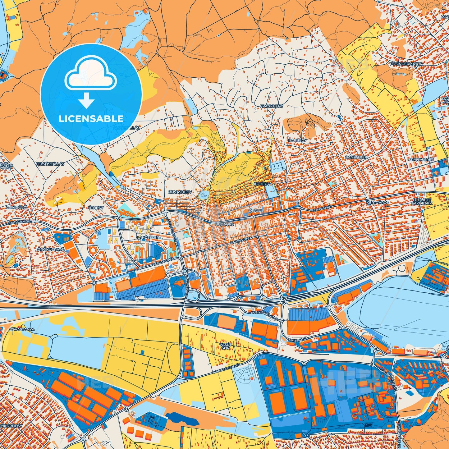Colorful Budaörs Street Map with Labels and Buildings