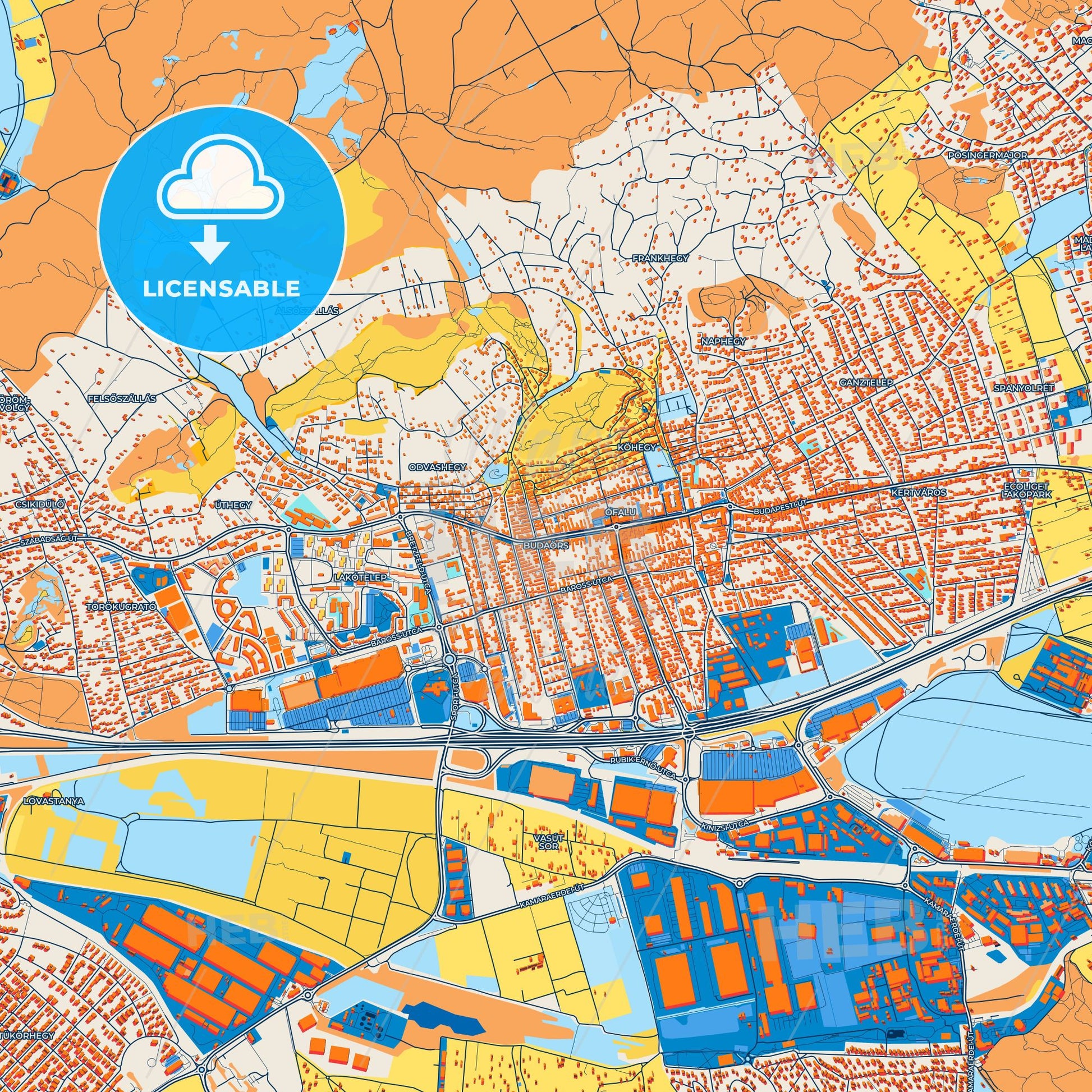 Colorful Budaörs Street Map with Labels and Buildings