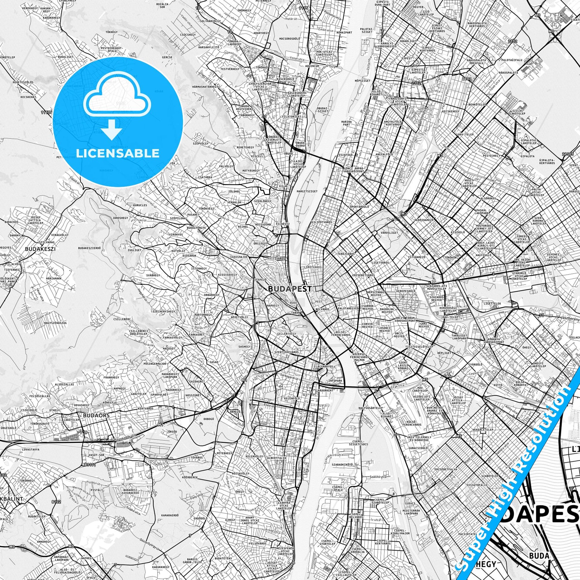 Budapest, Hungary light map with streetnames, citynames and districts