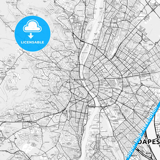Budapest, Hungary light map with streetnames, citynames and districts