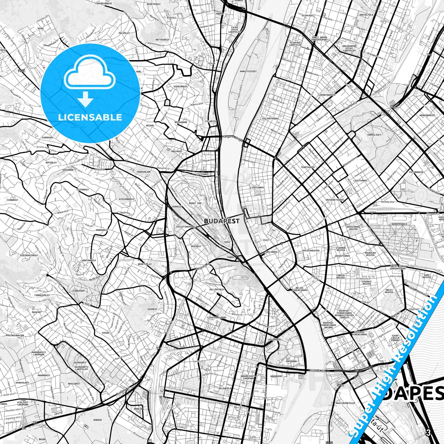Budapest, Hungary Light Map with Street Names, City Names, and Districts