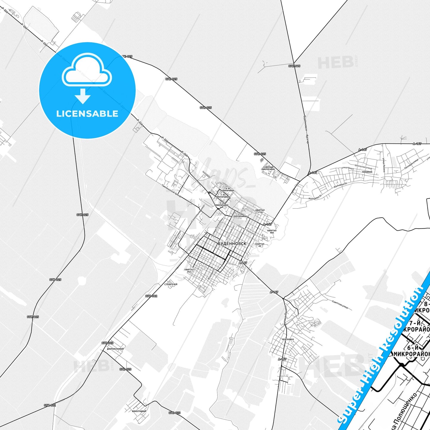 Budyonnovsk, Russia light map with streetnames, citynames and districts