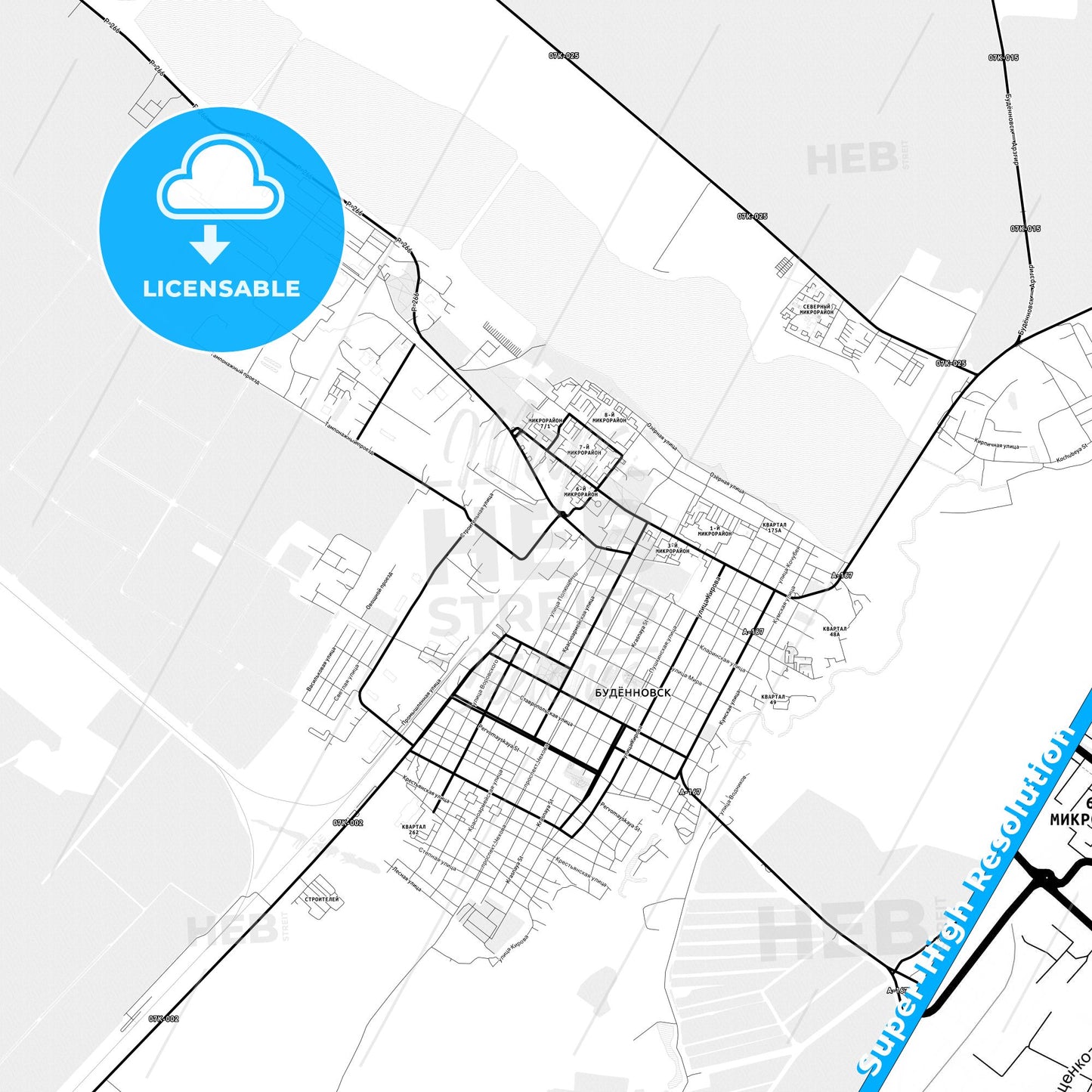Budyonnovsk, Russia Light Map with Street Names, City Names, and Districts