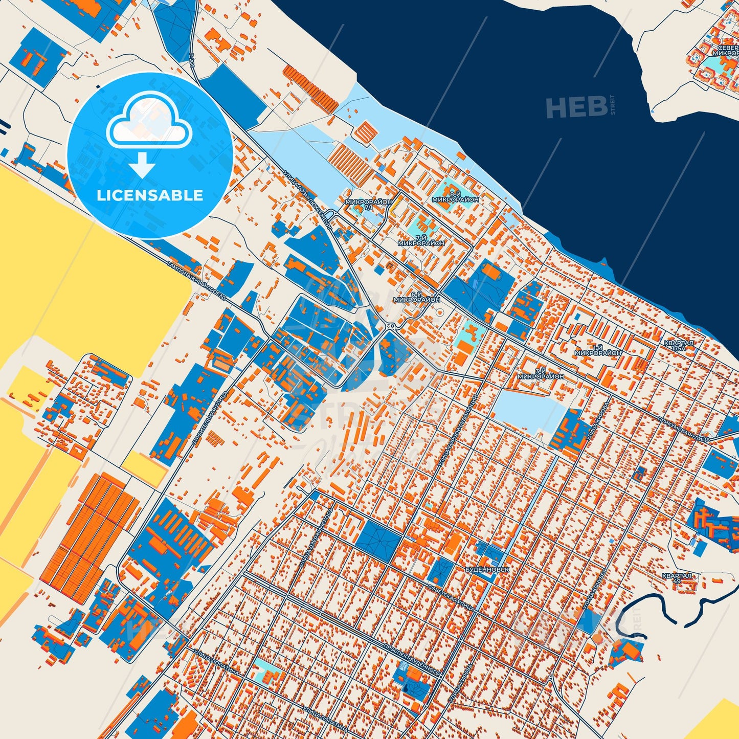 Colorful Budyonnovsk Street Map with Labels and Buildings