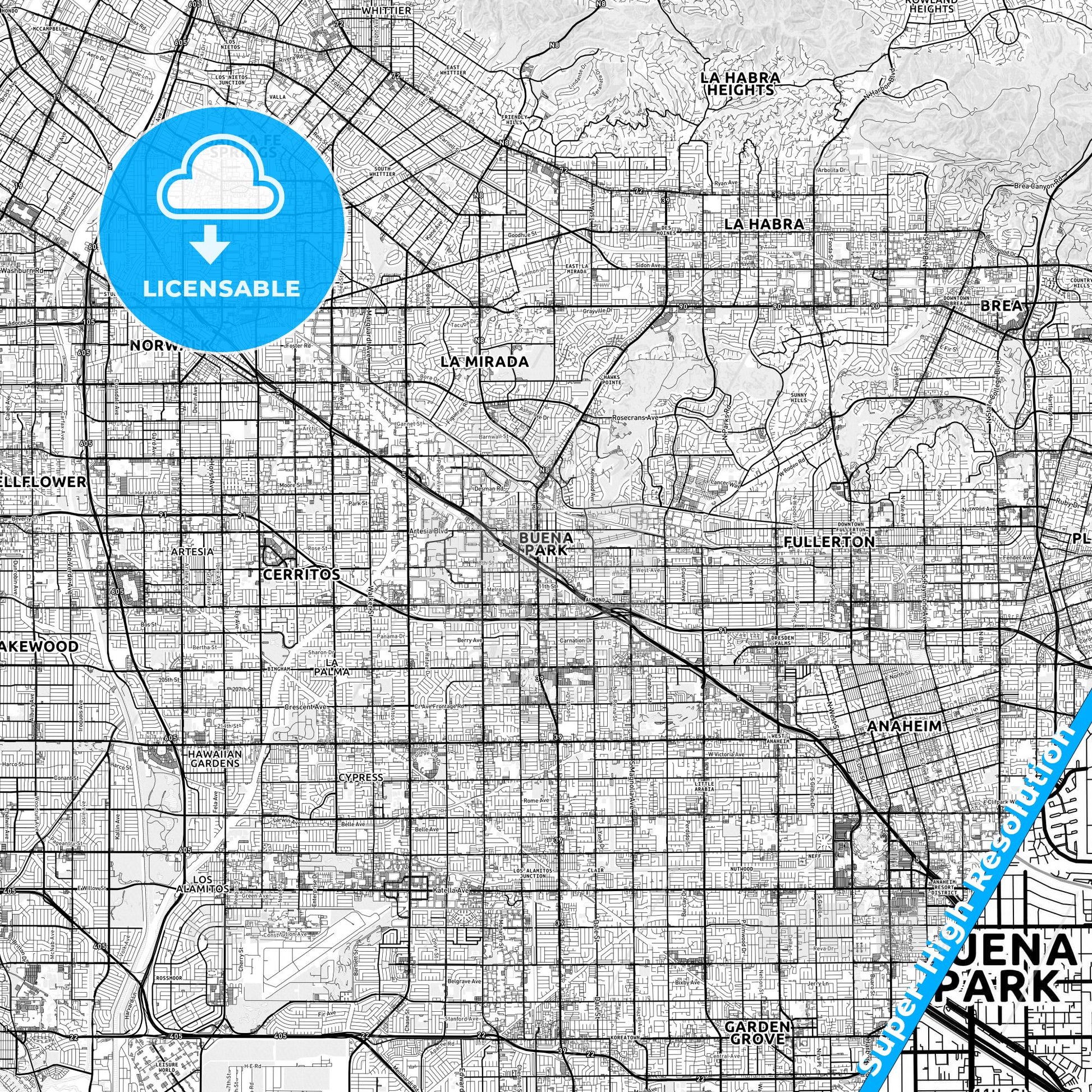 Buena Park, California light map with streetnames, citynames and districts