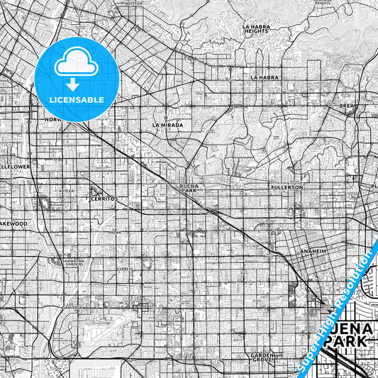 Buena Park, California light map with streetnames, citynames and districts