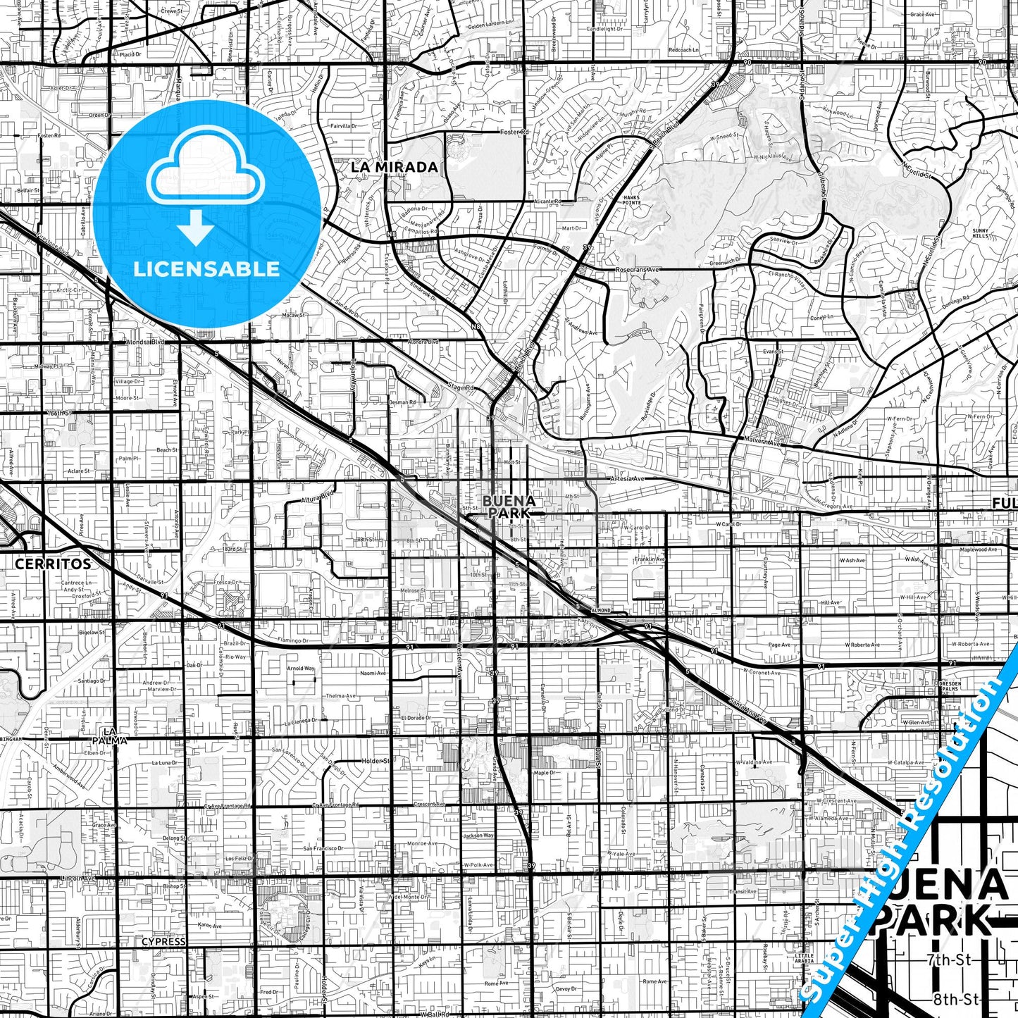 Buena Park, California Light Map with Street Names, City Names, and Districts
