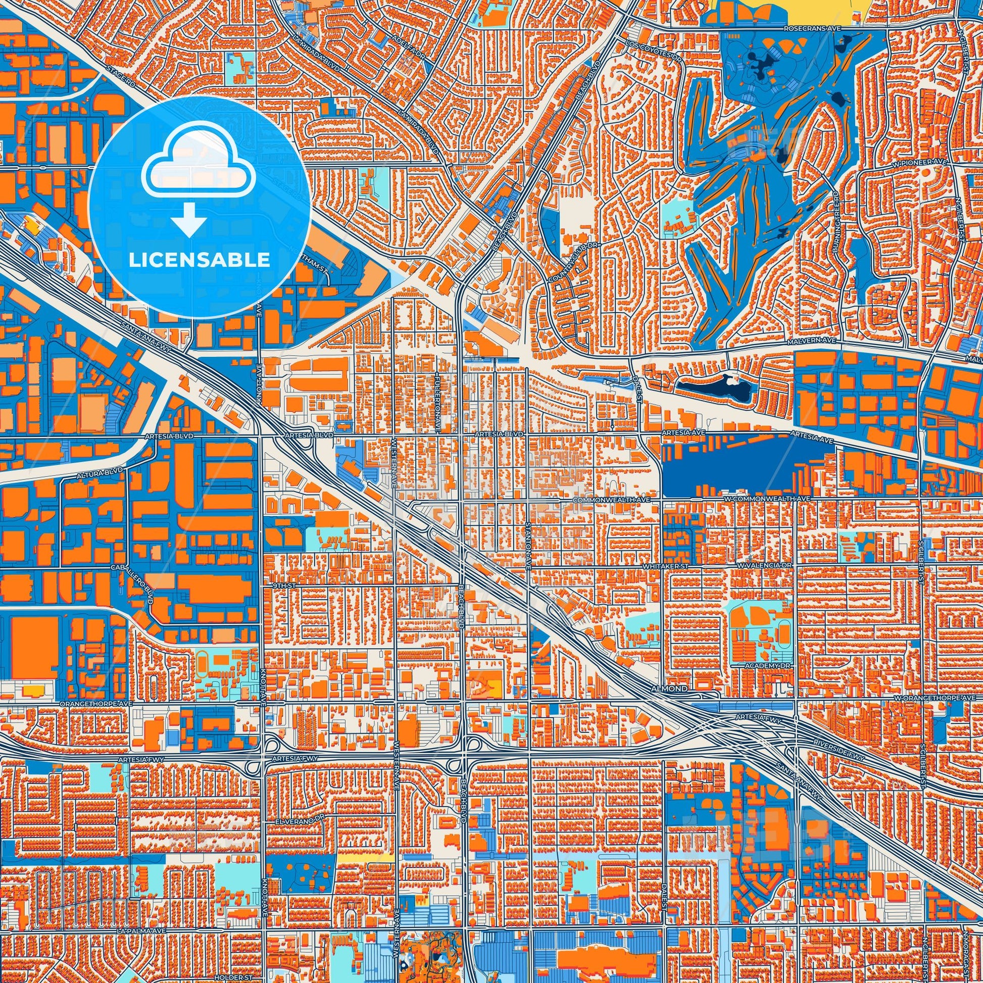 Colorful Buena Park Street Map with Labels and Buildings