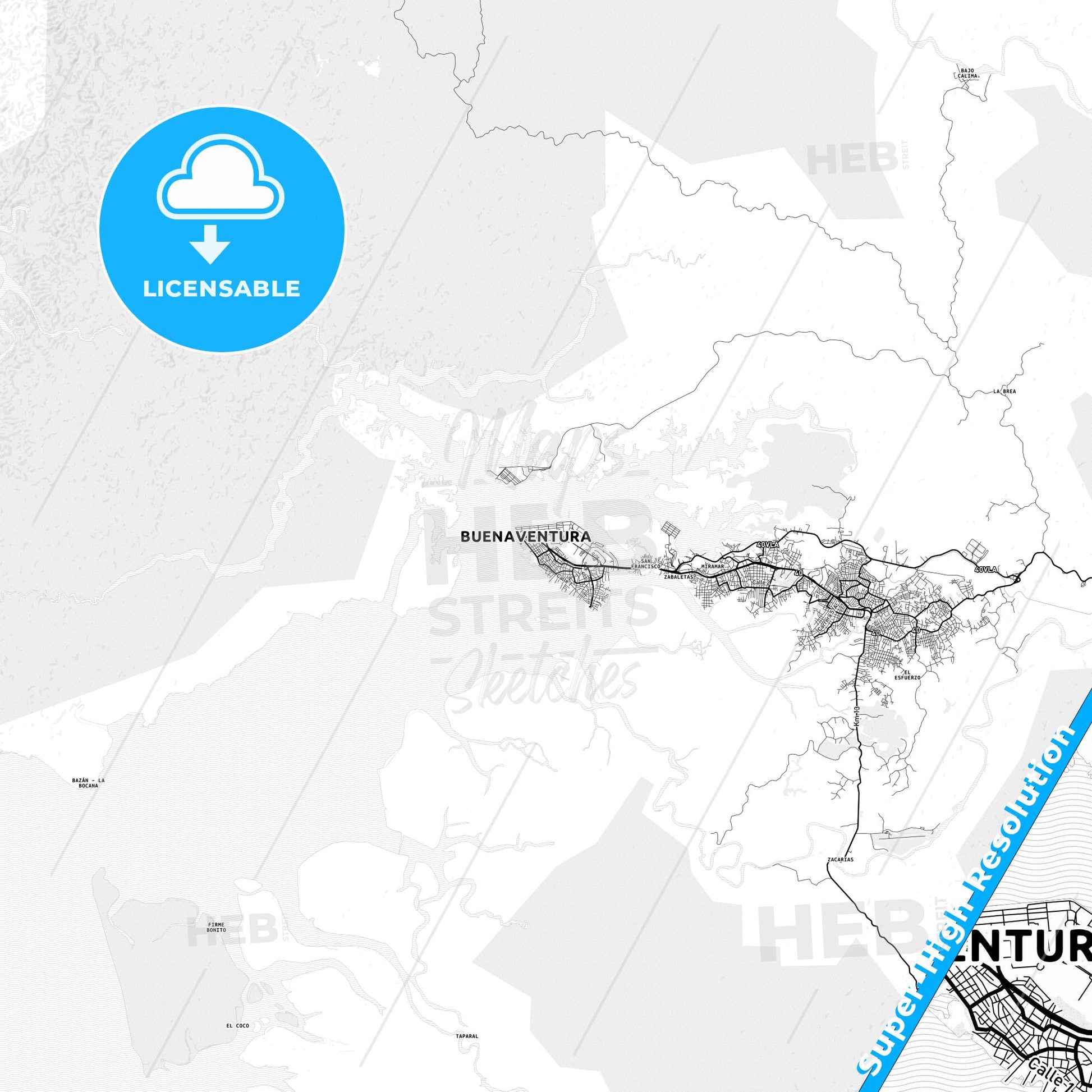 Buenaventura, Colombia light map with streetnames, citynames and districts