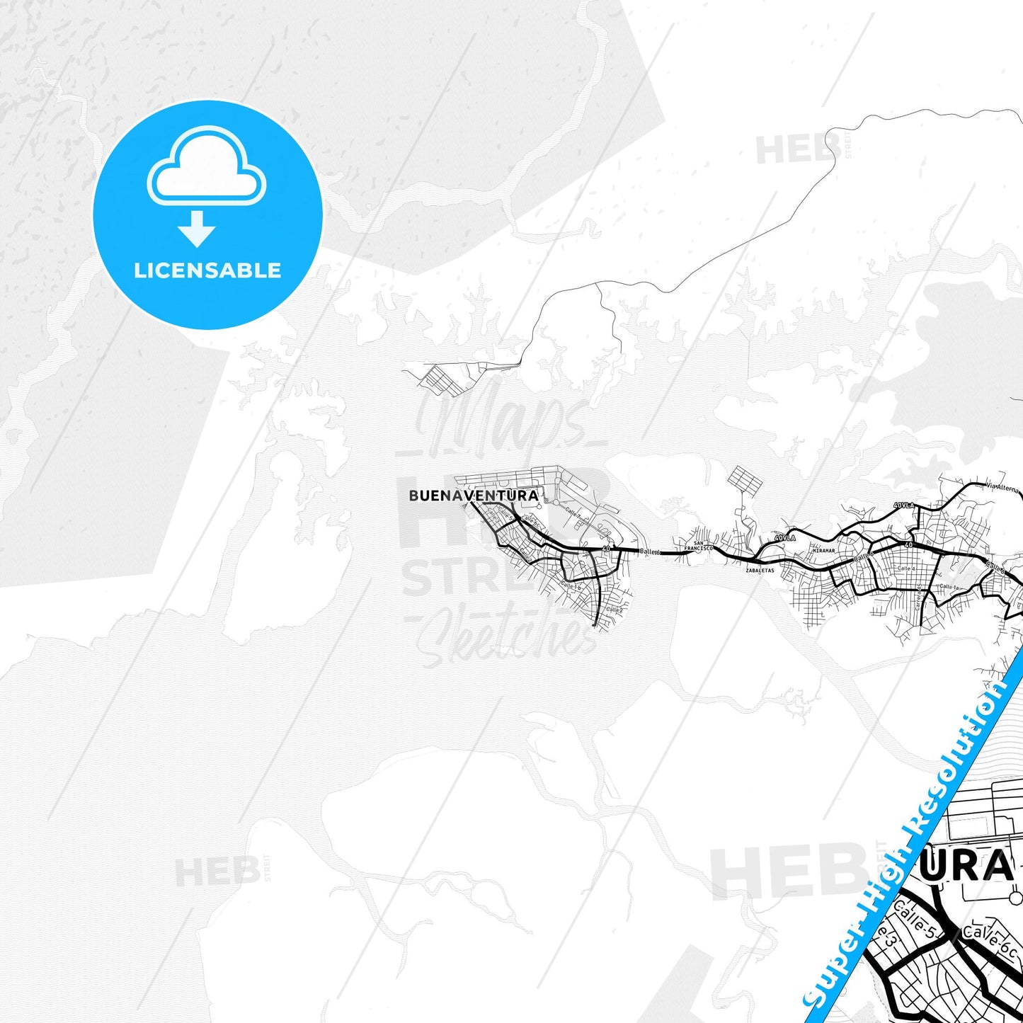 Buenaventura, Colombia Light Map with Street Names, City Names, and Districts