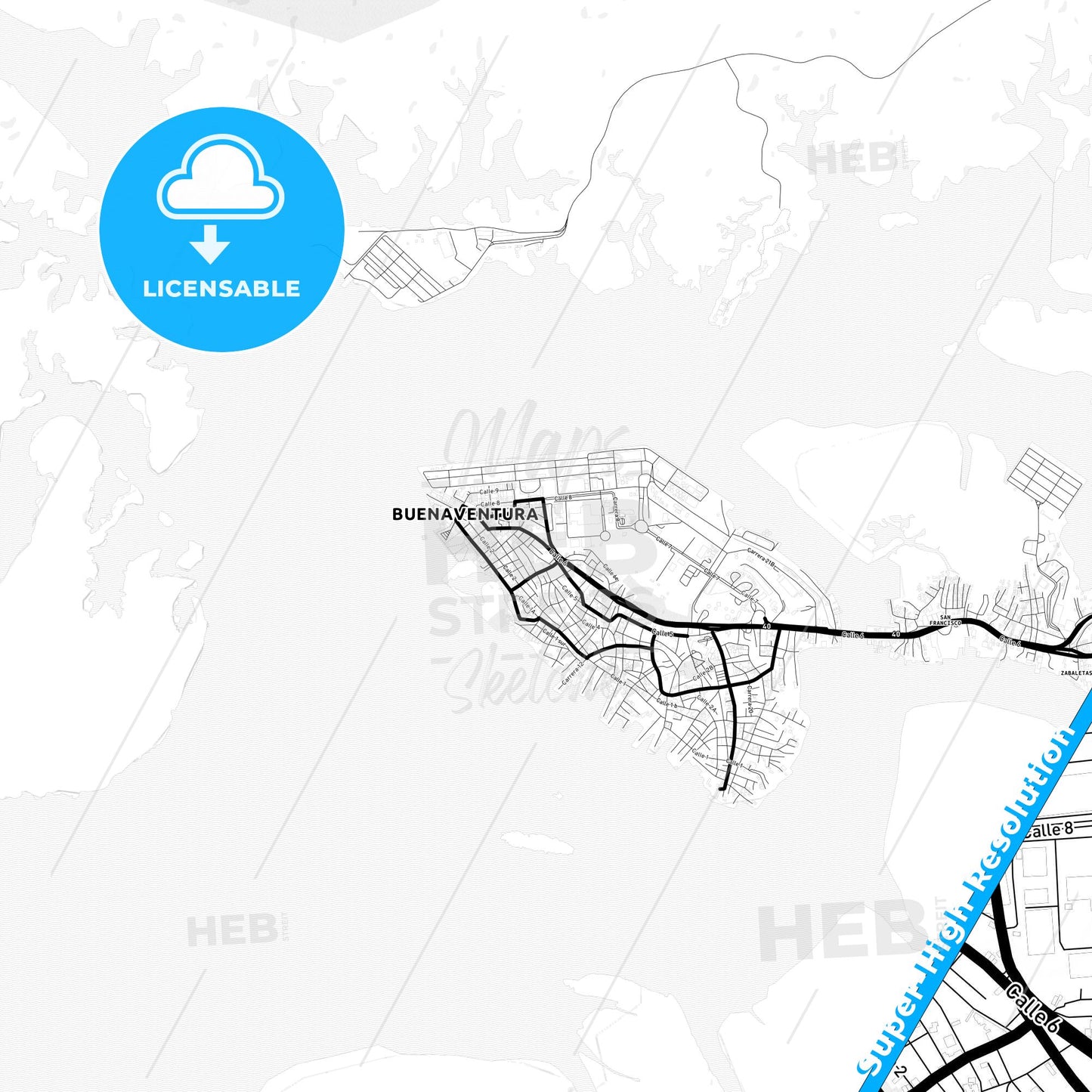 Buenaventura, Colombia Light Map with Street Names, City Names, and Districts