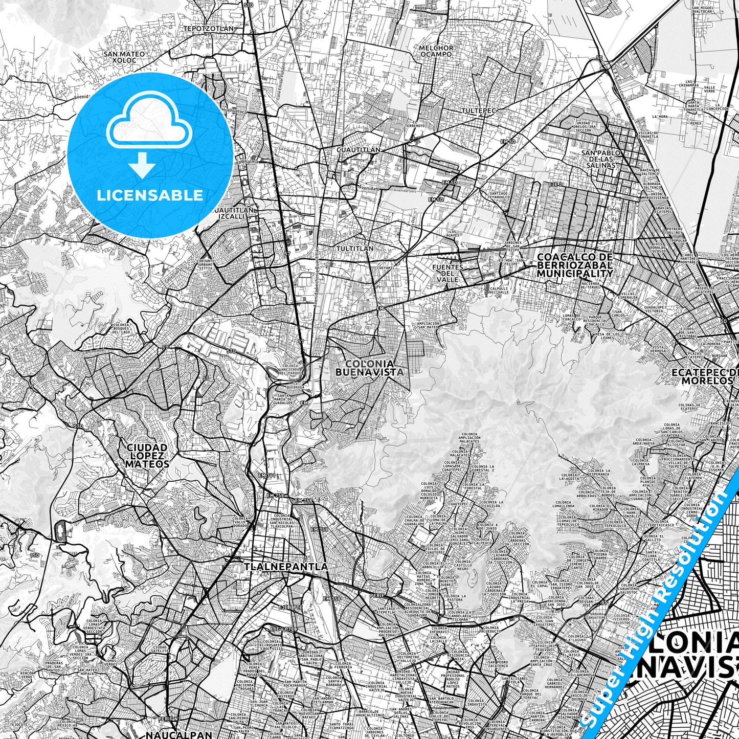 Buenavista, Mexico light map with streetnames, citynames and districts