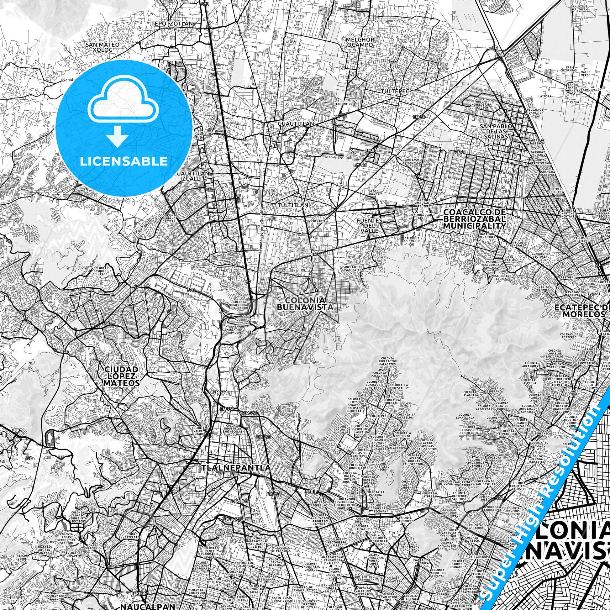 Buenavista, Mexico light map with streetnames, citynames and districts